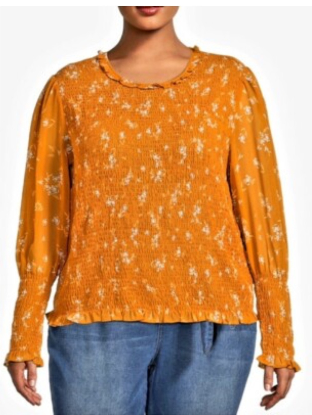 Terra & Sky Mustard Floral Smocked Ruffle Blouse